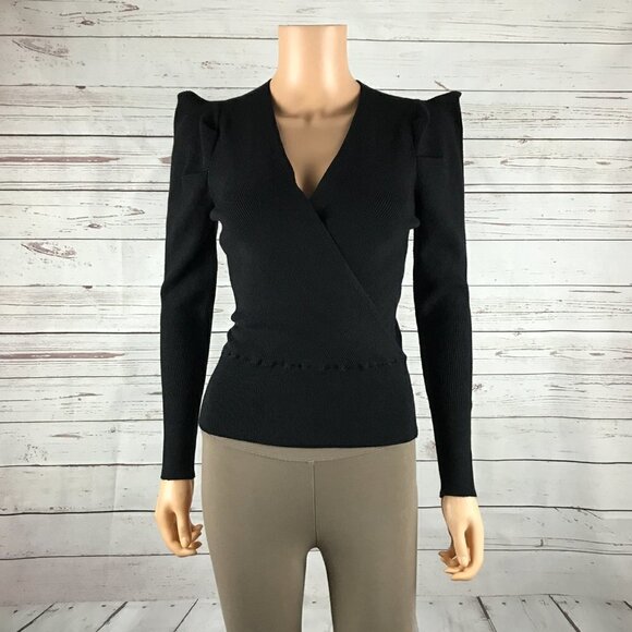 Lucy Paris Sweaters - LUCY PARIS Women's Black Puffed Shoulder Cross-over V-neck Sweater NWOT SMALL